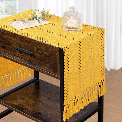 Mustard Yellow Macrame Table Runner 12 x 60 Inches with Tassels - Cotton Linen Blend, Boho Farmhouse Home Decor
