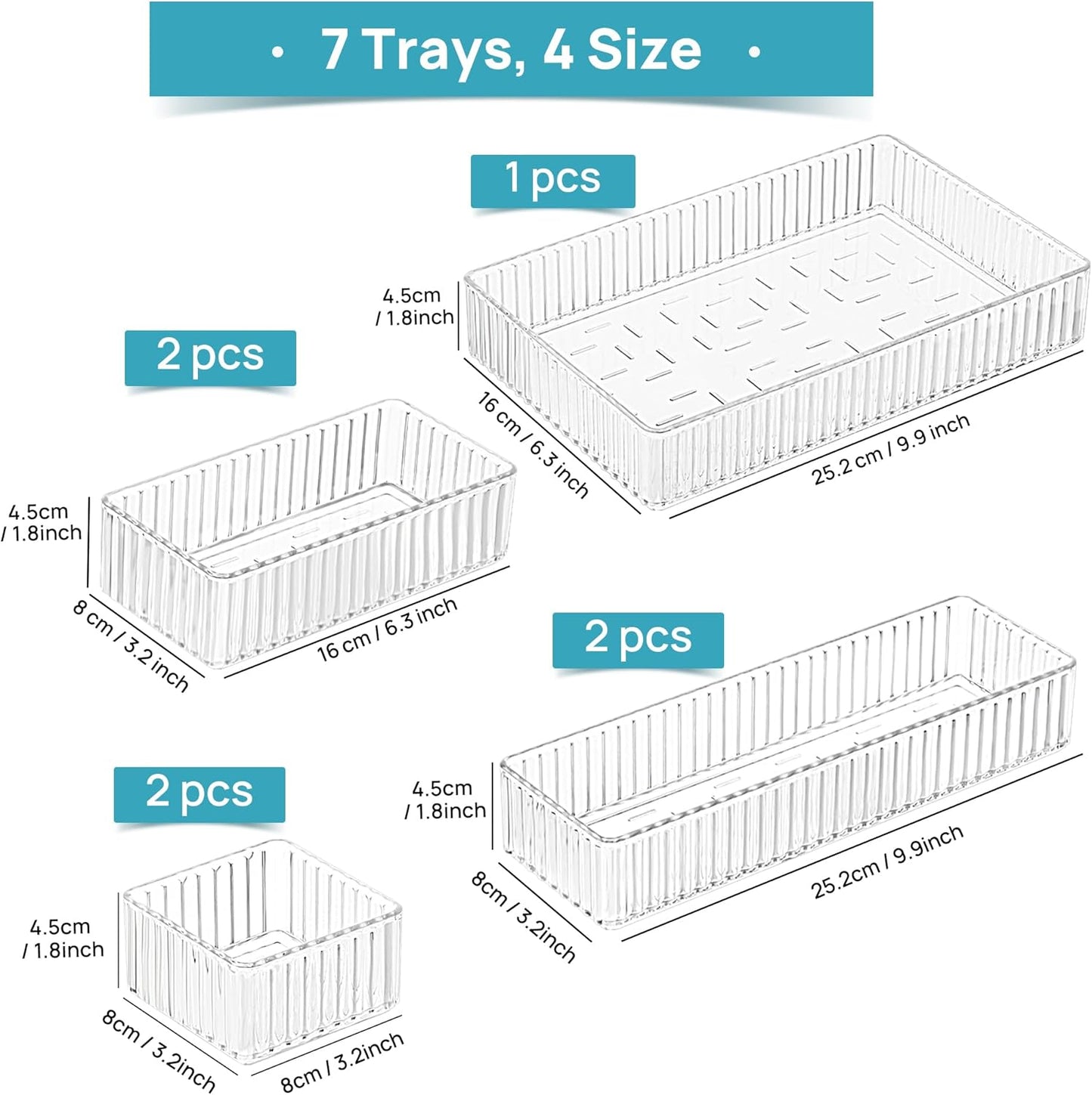 Vtopmart 7-Piece Clear Drawer Organizer Set - Stackable Acrylic Trays for Makeup, Office Supplies & Kitchen Utensils