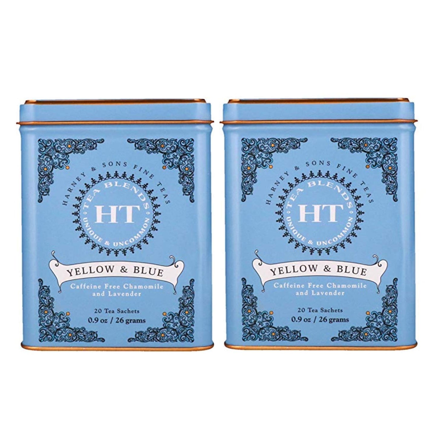 Harney & Son's Yellow and Blue Herbal Tea Tin 20 Sachets (0.9 oz ea, Two Pack) - Herbal Tea Blend of Chamomile, Lavender, and Cornflower - Caffeine Free - 2 Pack 20ct Sachet Tins (40 Sachets)