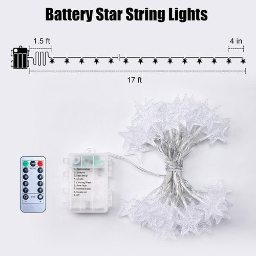 Brightown Star String Lights - 50 LED Battery Operated Fairy Lights with Remote & Timer | 17 ft Waterproof Warm White for Bedroom, Patio, Party Decor