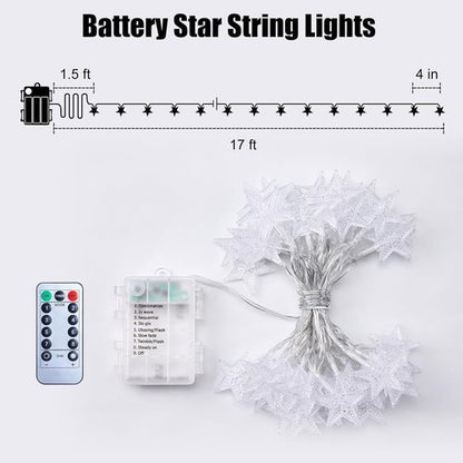 Brightown Star String Lights - 50 LED Battery Operated Fairy Lights with Remote & Timer | 17 ft Waterproof Warm White for Bedroom, Patio, Party Decor