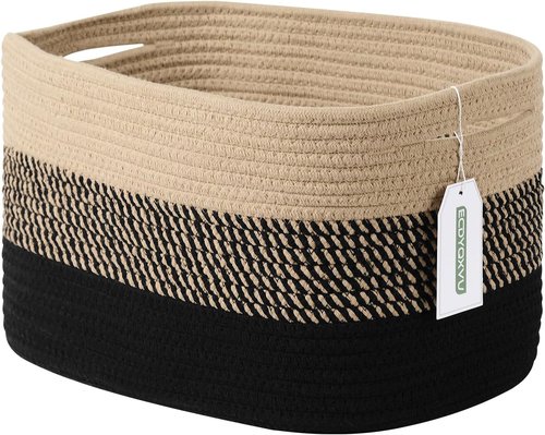 ECDYQXVU Cotton Rope Storage Basket - Woven Organizer for Shelves, Clothes & Towels | 15x10x9 Inches, Gradient Black/Brown