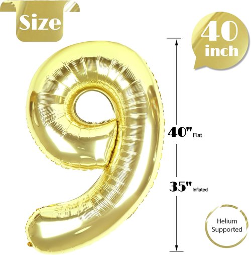 Light Gold Number 9 Balloon - 40 Inch Giant Foil Balloon for 9th Birthday Party Decorations