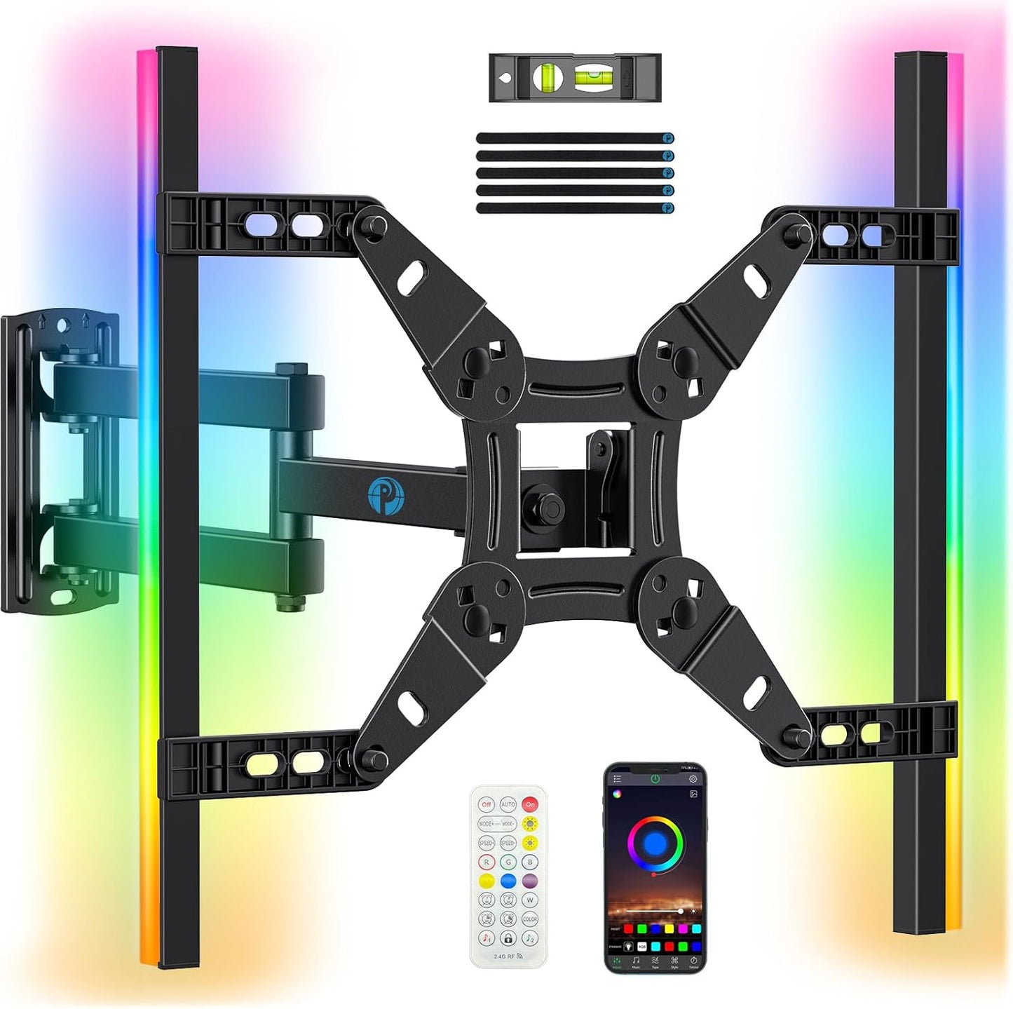 Pipishell Full Motion TV Wall Mount - LED Light & Music Sync for 13"-43" TVs Up to 44 lbs | PISF06B