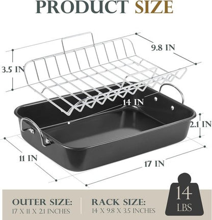 KITESSENSU Nonstick Roasting Pan - Heavy Duty Turkey Roaster with Rack | 15 x 11 Inch, Gray