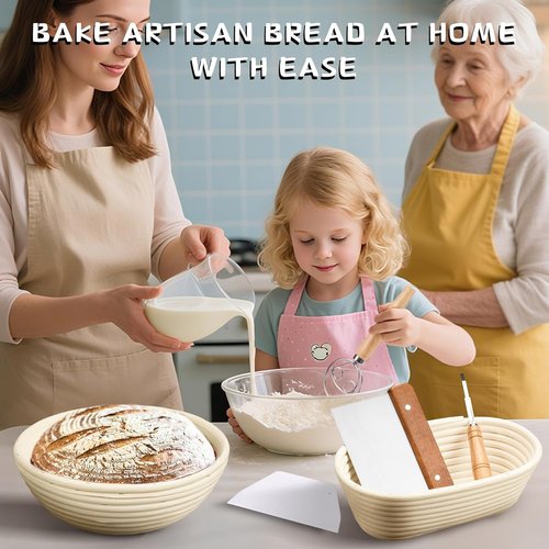 Dimpola Banneton Bread Proofing Basket Set - Handmade Rattan Sourdough Bowl | Round Design