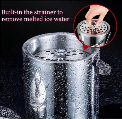 Insulated Ice Bucket with Lid and Scoop & Tong, Double Wall 304 Stainless Steel Ice Bucket for Freezer, Built-in Strainer for Effortless Ice Water, 2.75 qt Ice Buckets for Parties, Champagne Bucket.