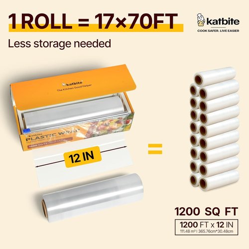 Katbite Plastic Wrap - 12 Inch x 1200 Ft Clear Food Service Film Roll with Removable Cutter for Easy Use