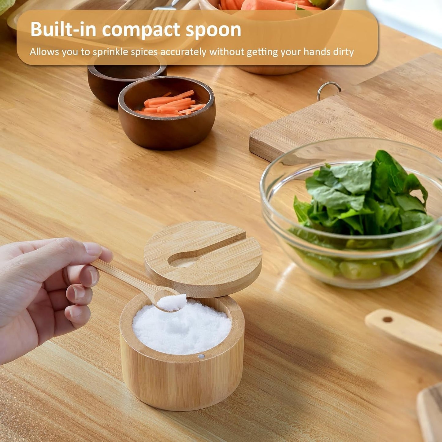 OUTNILI Bamboo Salt Box Bowl with Lid & Spoon - 360° Swivel Salt Cellar for Sea Salt & Herbs, 7 Oz Capacity