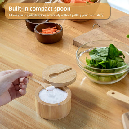 OUTNILI Bamboo Salt Box Bowl with Lid & Spoon - 360° Swivel Salt Cellar for Sea Salt & Herbs, 7 Oz Capacity