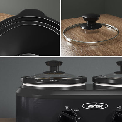 Sunvivi Double Slow Cooker - Dual Pot Mini Crock Buffet Server with Adjustable Temp | 2 x 1.25 Quarts Black