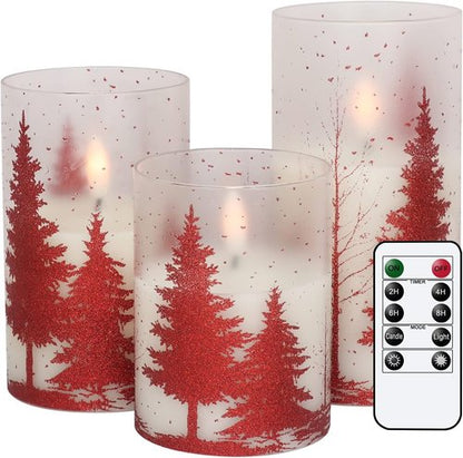 DRomance Flameless Christmas Tree Candles - Remote Timer, Real Wax, 3D Wick | Red, Set of 3 (3, 4, 5, 6 Inch)