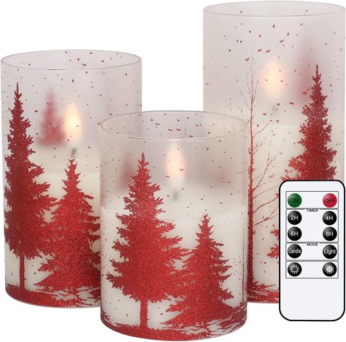 DRomance Flameless Christmas Tree Candles - Remote Timer, Real Wax, 3D Wick | Red, Set of 3 (3, 4, 5, 6 Inch)