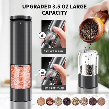Electric Salt and Pepper Grinder Set Stainless Steel Salt and Pepper Mill Led Light Automatic One Handed Operation Rechargeable Adjustable Shakers Ceramic Rator 2 Pack Black Stainless Steel