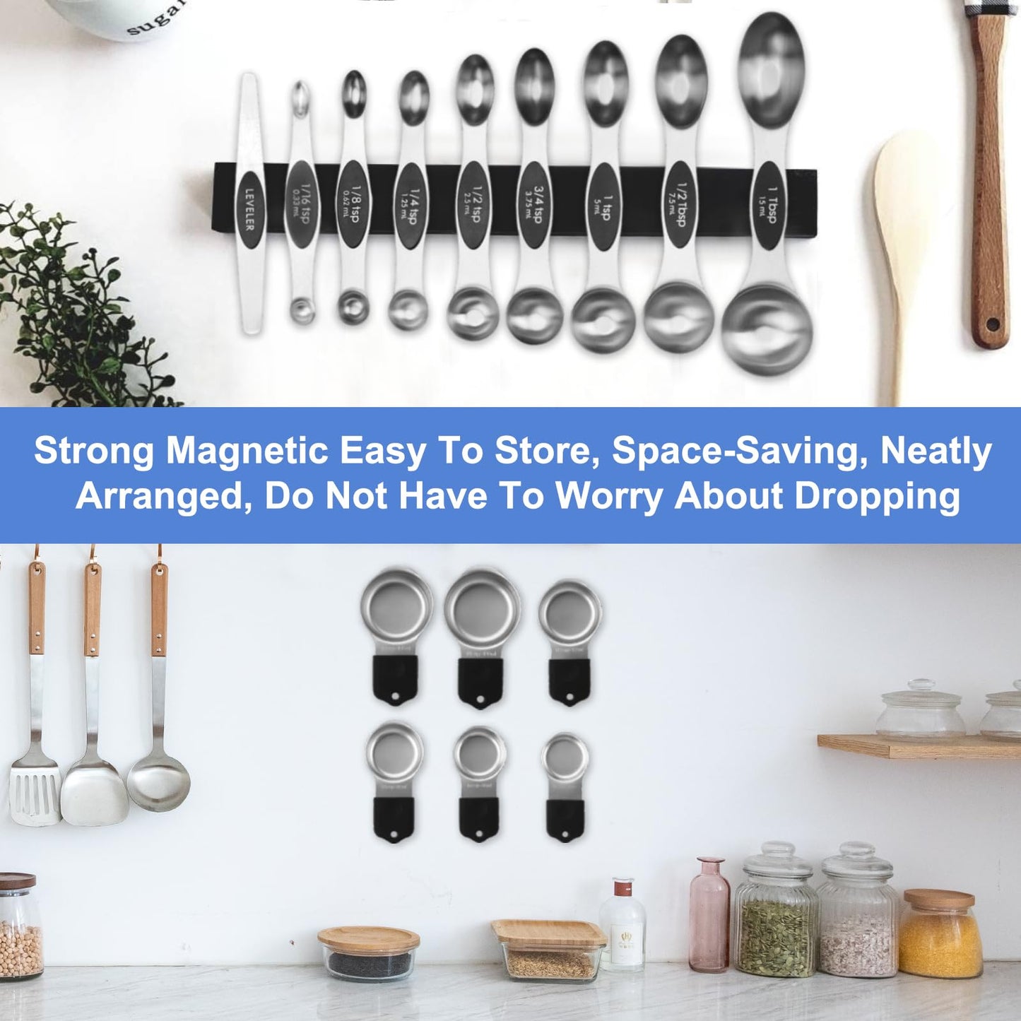 Spalivivre Magnetic Measuring Cups and Spoons Set, 16PCS with 7 Stainless Steel Measuring Cups 8 Magnetic Spoons and 1 Leveler for Measure Dry and Liquid Ingredients, Dishwasher Safe and Stackable