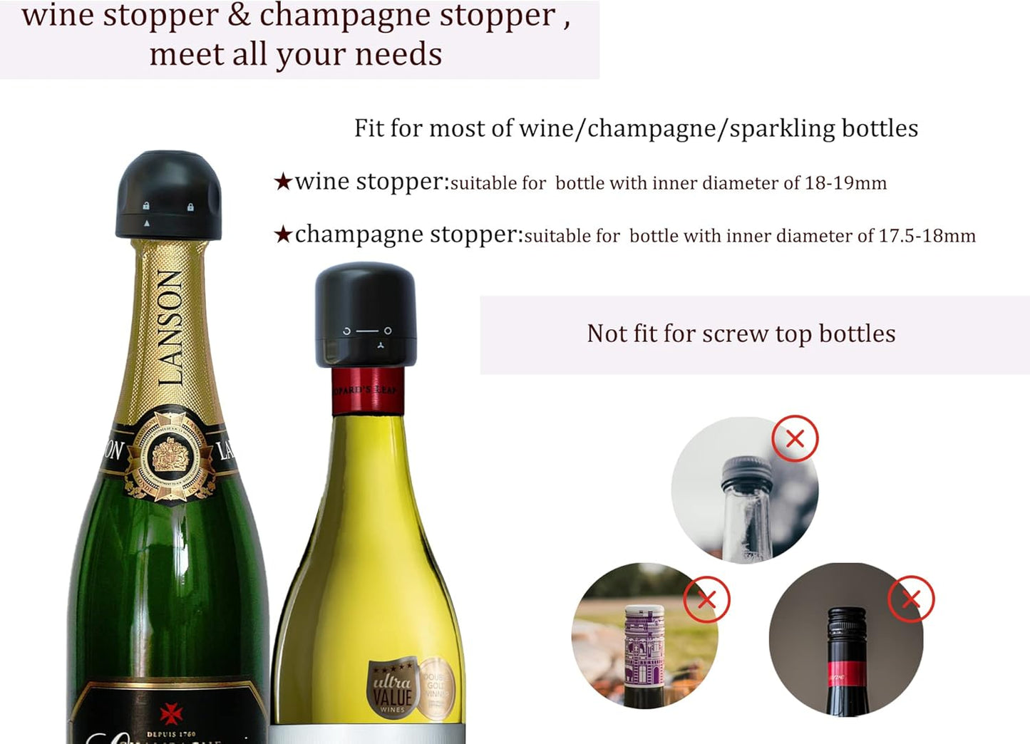 Wine and Champagne Stoppers， 2Pack Champagne and Wine Bottle Stopper, Reusable Leakproof Wine & Champagne Sealer, Keep Champagne & Wine Fresh