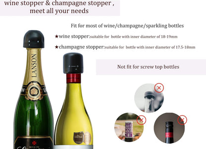 Wine and Champagne Stoppers， 2Pack Champagne and Wine Bottle Stopper, Reusable Leakproof Wine & Champagne Sealer, Keep Champagne & Wine Fresh