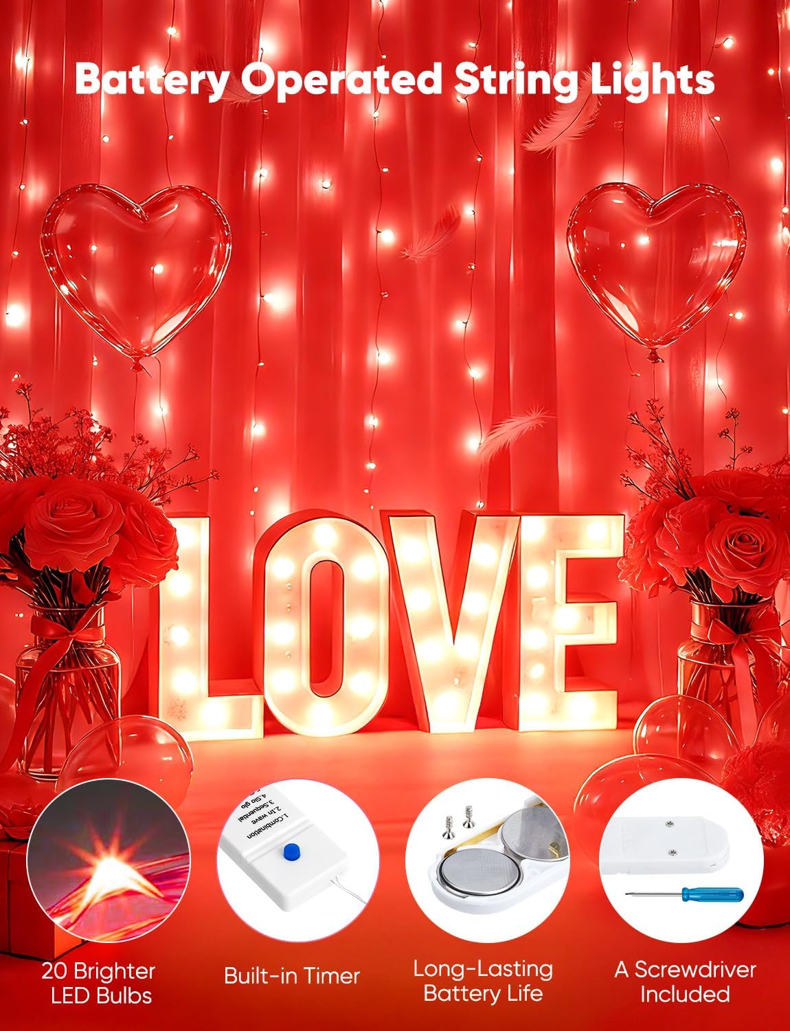 Minetom 12 Pack Red Christmas Lights - 7ft Battery Operated Fairy Lights | 20 LED Waterproof Twinkle Lights for Valentine's Day Decor
