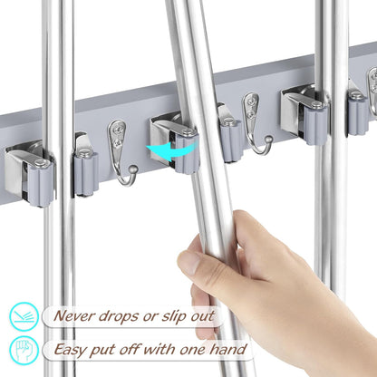 OUTNILI Mop Broom Holder - Wall Mount Organizer with 4 Slots & Hooks for Laundry Room | Gray Wood Design