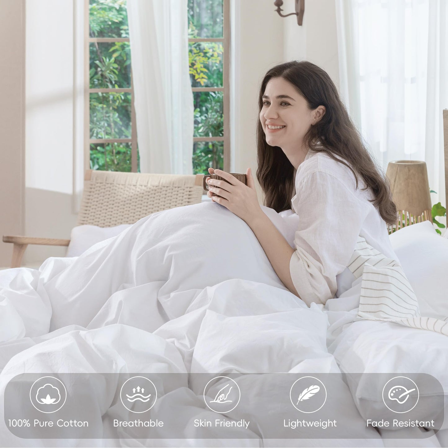 MooMee Bedding Duvet Cover Set 100% Washed Cotton Linen Like Textured Breathable Durable Soft Comfy (Solid Bright White, Queen 90"x90")