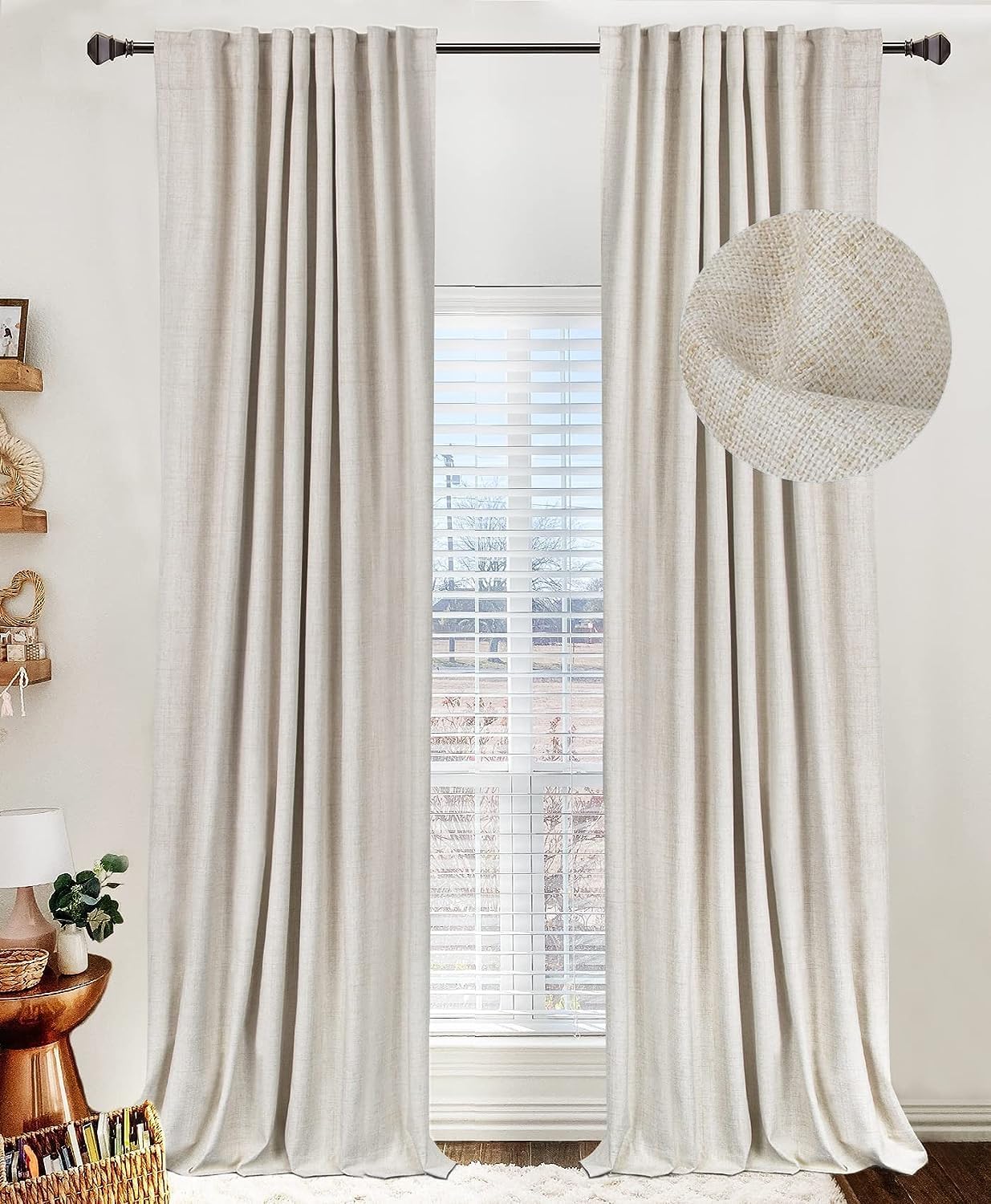 Skiennix 100% Blackout Linen Curtains - Thermal Insulated Drapes for Bedroom | 90" Long, Cream, 2 Panels Set