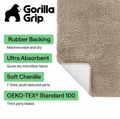 GORILLA GRIP Bath Rug Mat - Thick Absorbent Chenille | Quick Dry Microfiber, 44x26, Gray Beige