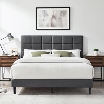 Susalt Full Size Platform Bed Frame - Upholstered Headboard, Linen Fabric, 800LBS Support, Grey