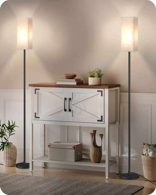 GOEBLESON 2 Pack Floor Lamp, Pole Lamp with Foot Switch, Modern Standing Lamp Lampshade, Minimalist Freestanding Lamp (Bulb Not Included), for Living Room, Bedroom Office, Black and Beige E07LDP205