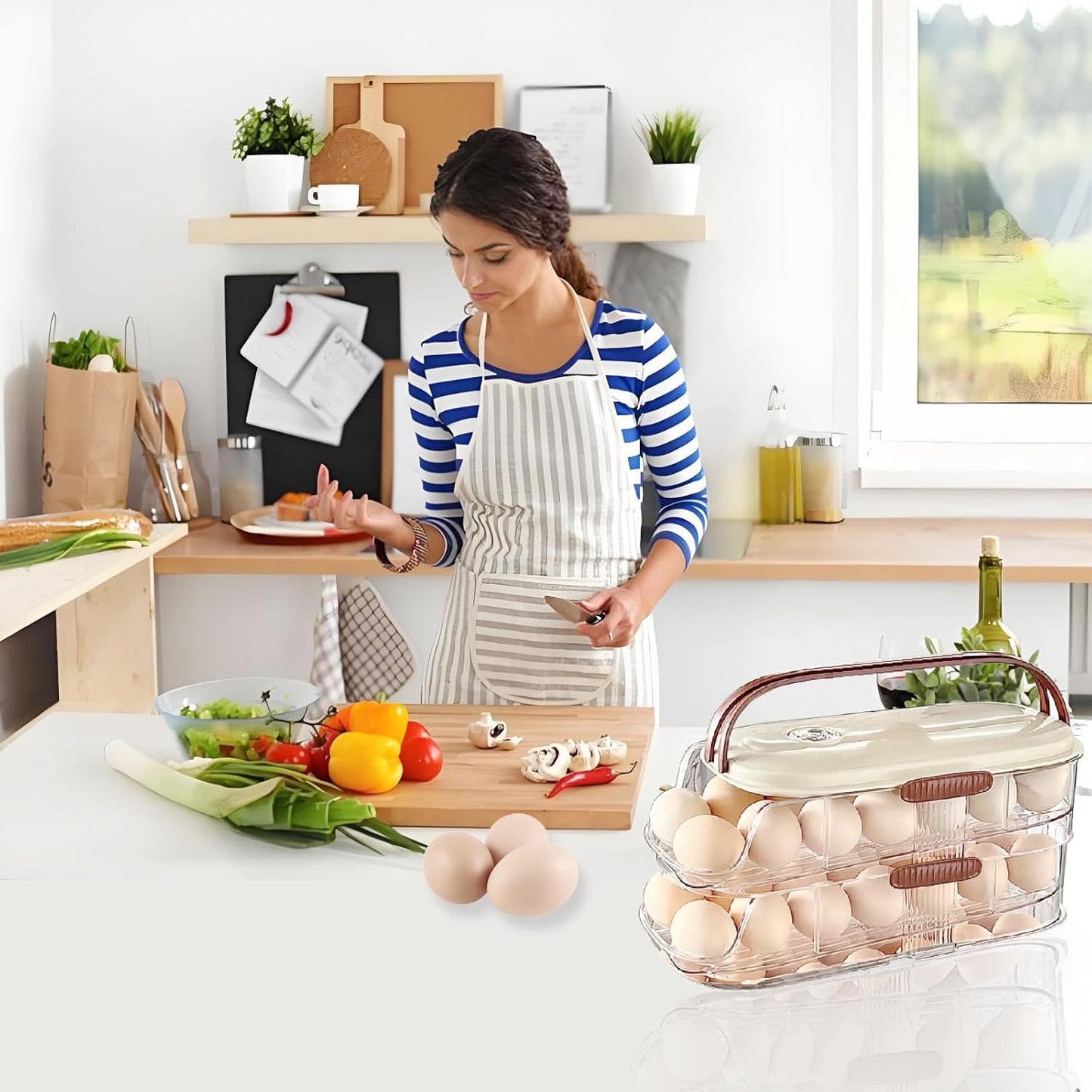 Skiennix Egg Holder - Automatic Rolling Egg Dispenser with Lid & Handle | Stackable for Fridge & Pantry Storage