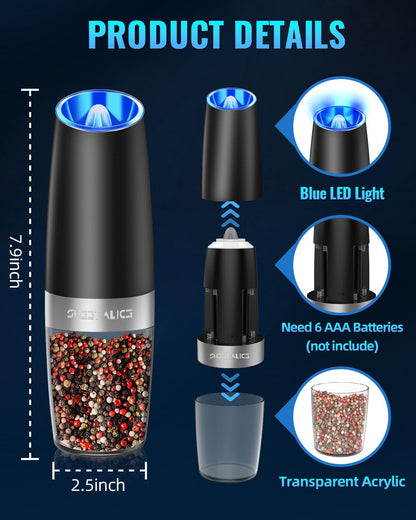 Gravity Electric Pepper/Salt Grinder, Salt or Pepper Mill & Adjustable Coarseness, Battery Powered with LED Light, One Hand Automatic Operation, Stainless Steel (Single/Black)