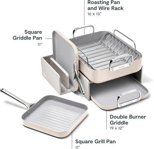 Caraway Square Cookware Set - Non-Stick Ceramic Pans for Griddling & Searing - PTFE & PFOA Free - Cream