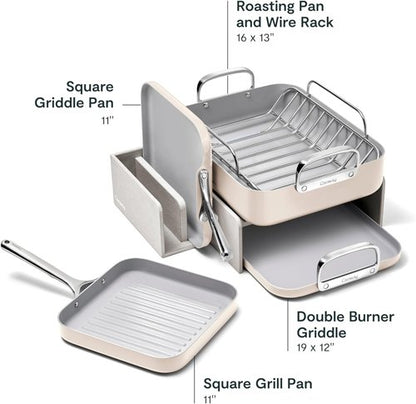 Caraway Square Cookware Set - Non-Stick Ceramic Pans for Griddling & Searing - PTFE & PFOA Free - Cream