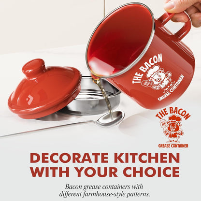 PGYARD Mini Bacon Grease Saver - 15oz Enamel Container with Strainer | Farmhouse Kitchen Fat Keeper - Red