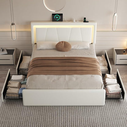 Full Size Bed Frame with 4 Storage Drawers, Upholstered Headboard, White - Variation: White+Full