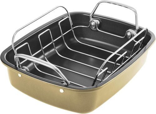 KITESSENSU Nonstick Turkey Roasting Pan - Heavy-Duty 17 x 14 Inch Chicken Roaster with Rack - Gold Finish