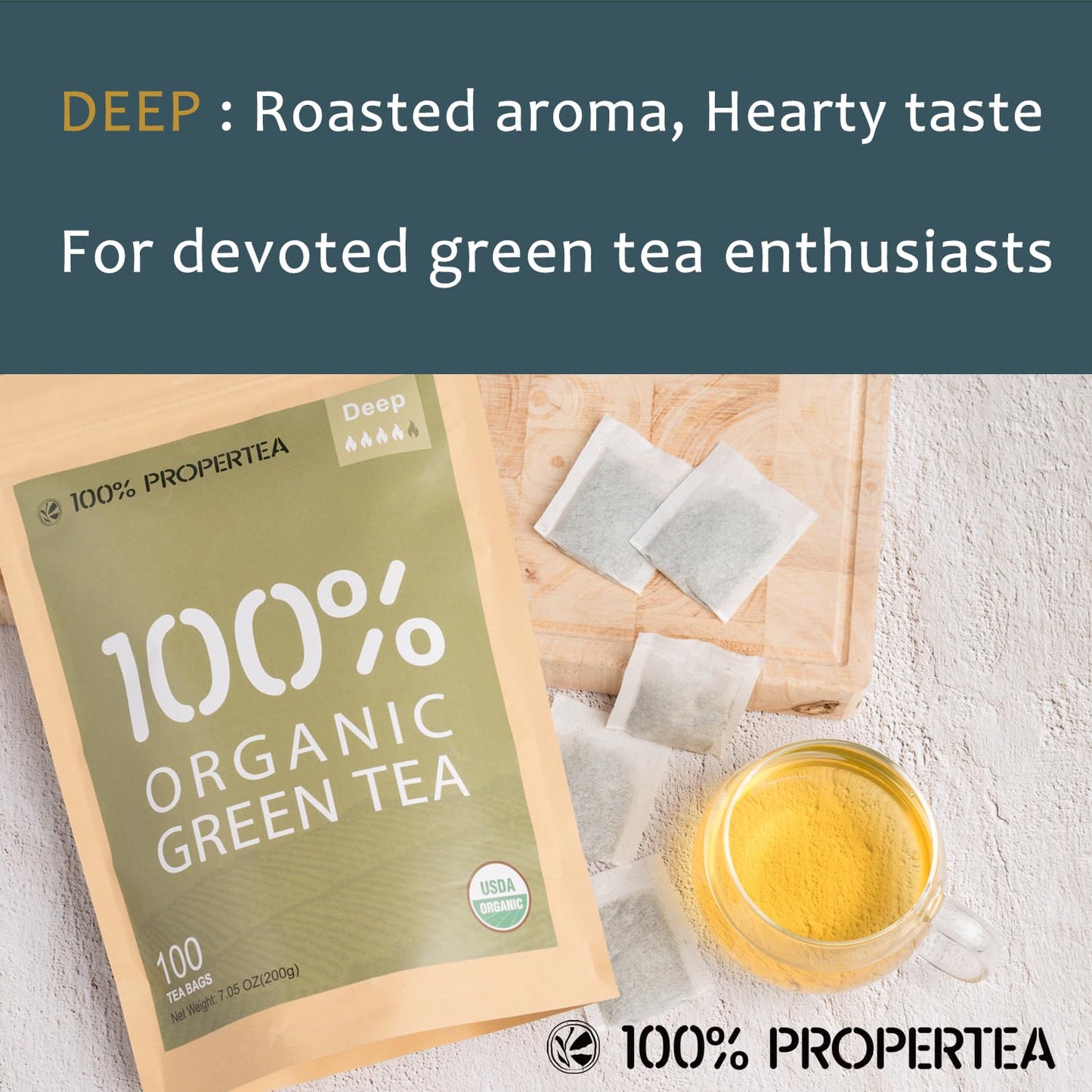 Propertea Organic Green Tea Bags - 100 Count Eco-Friendly, Caffeinated & Rich in Antioxidants | Hot or Iced
