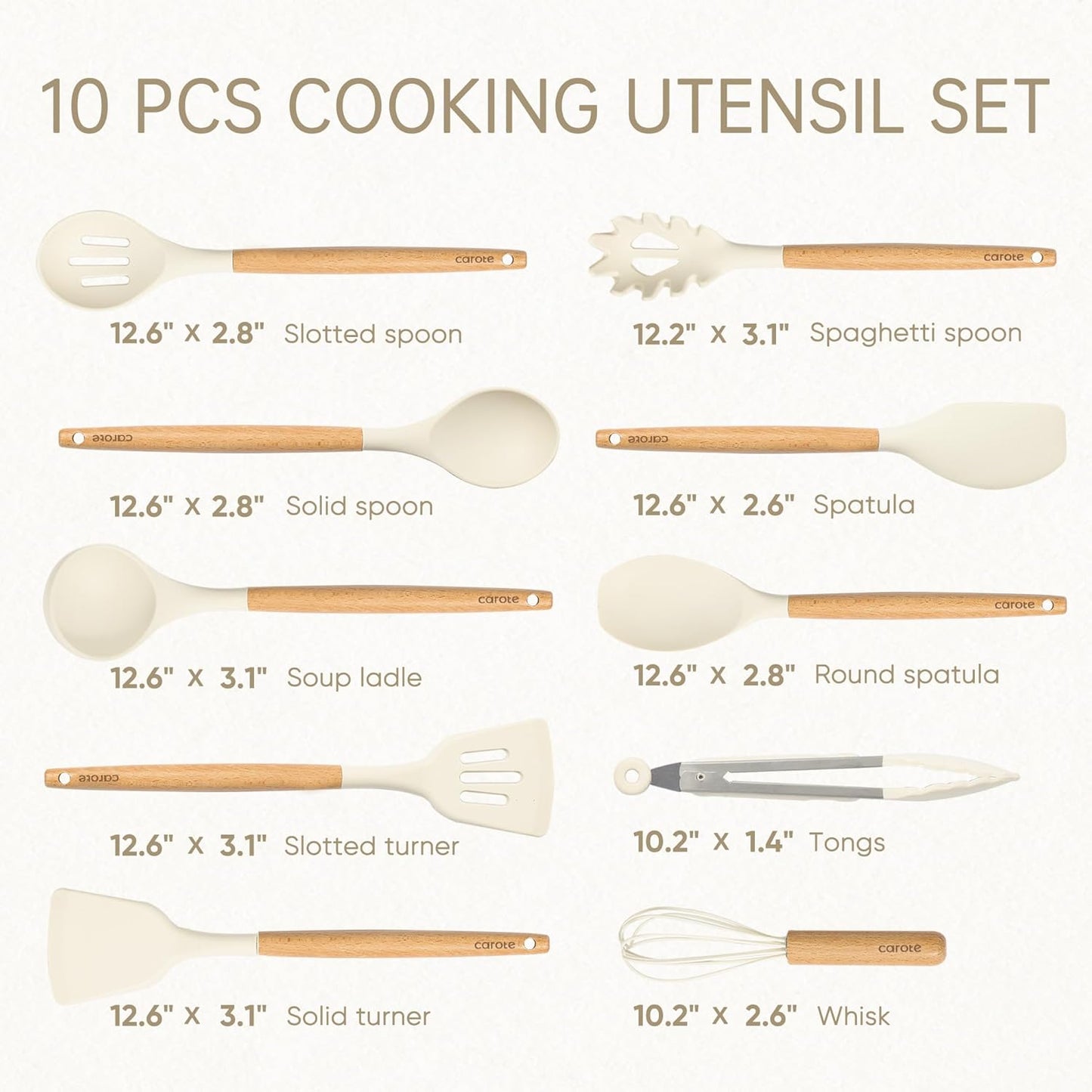 CAROTE Silicone Cooking Utensils Set - 10 Pcs BPA-Free Kitchen Tools with Heat-Resistant Wood Handles | Cream White