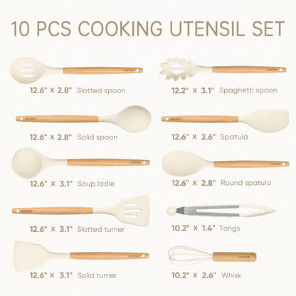 CAROTE Silicone Cooking Utensils Set - 10 Pcs BPA-Free Kitchen Tools with Heat-Resistant Wood Handles | Cream White