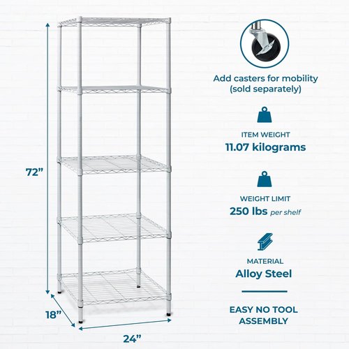 Honey-Can-Do Heavy-Duty 5-Tier Metal Storage Rack - Adjustable Shelves | 250 lb Capacity, White, 18" W x 24" L x 72" H