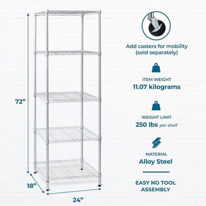Honey-Can-Do Heavy-Duty 5-Tier Metal Storage Rack - Adjustable Shelves | 250 lb Capacity, White, 18" W x 24" L x 72" H
