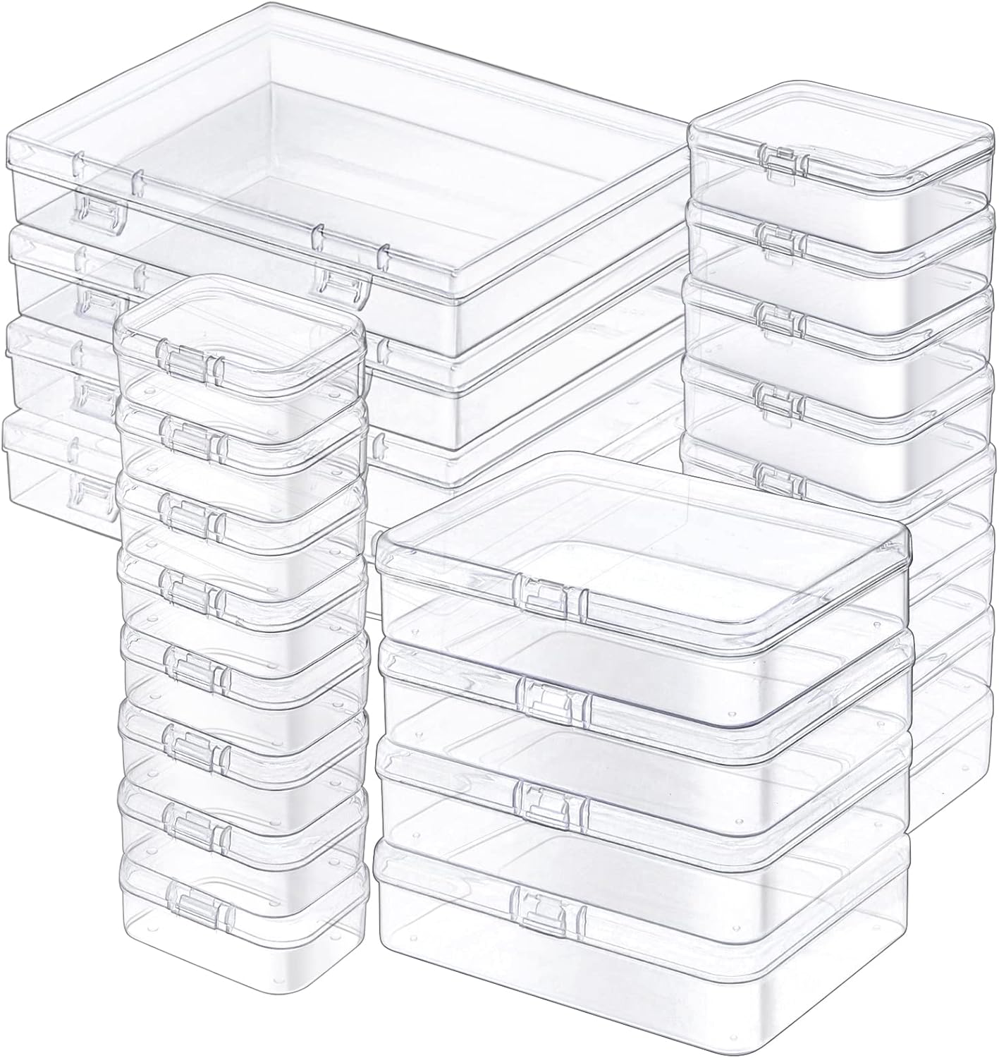 Skiennix Mini Plastic Storage Containers - 24 Pack Clear Boxes with Hinged Lids & Labels for Crafts
