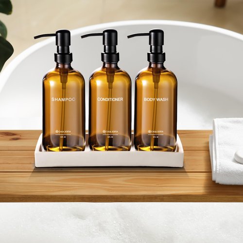 Casa Sofia Shampoo and Conditioner Dispenser | Refillable Shampoo Dispenser Bottles with Pump | Set of 3, 16 OZ Amber Glass Shower Soap Dispensers with Concrete Tray | Modern Bathroom Essentials
