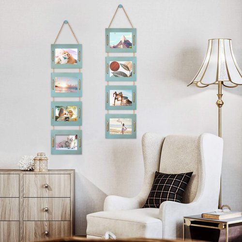 DLQuarts 5x7 Hanging Collage Picture Frames Wall Decor, 4-Opening 5x7 Matted to 3.5x5 Photo Rustic Wood Frame with Hemp Rope, 2 Pack, Ocean Blue