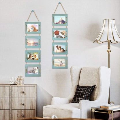 DLQuarts 5x7 Hanging Collage Picture Frames Wall Decor, 4-Opening 5x7 Matted to 3.5x5 Photo Rustic Wood Frame with Hemp Rope, 2 Pack, Ocean Blue