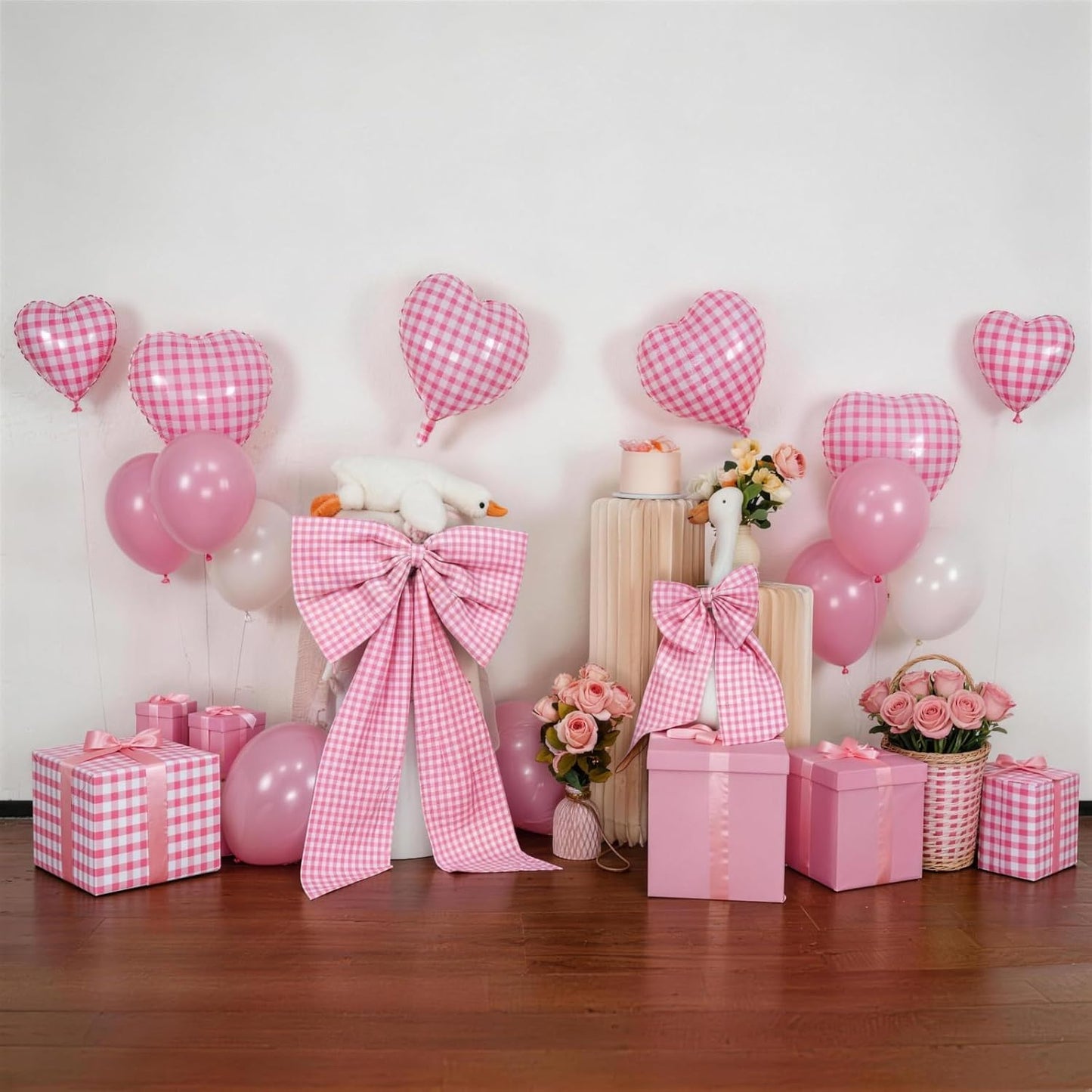 One Silly Goose Pink Checkered Bow Decor - 2 Pack of Large & Small Blue and White Backdrop for Girls' Parties