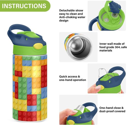 Kigai Insulated Water Bottle for Kids - 12oz Building Blocks Design with Straw Lid & Stainless Steel
