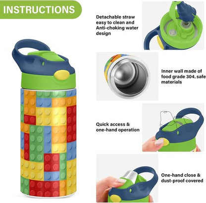 Kigai Insulated Water Bottle for Kids - 12oz Building Blocks Design with Straw Lid & Stainless Steel