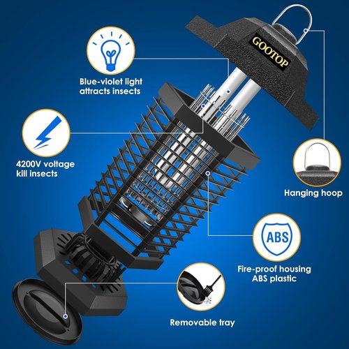 GOOTOP Bug Zapper Outdoor, Mosquito Zapper, 3 Prong Plug in Electric Fly Zapper, Mosquito Killer, Fly Traps, Flying Insects Zapper Indoor Outdoor, 4200V, ABS Plastic Outer (Black)