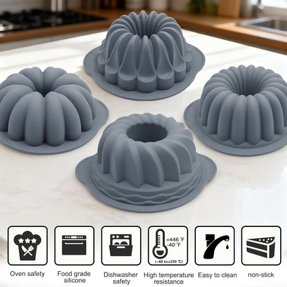 Tongjude Silicone Fluted Tube Cake Pans - 4 Pieces Non-Stick Baking Molds for Cakes, Jello & Bread | 10 Cups, Grey