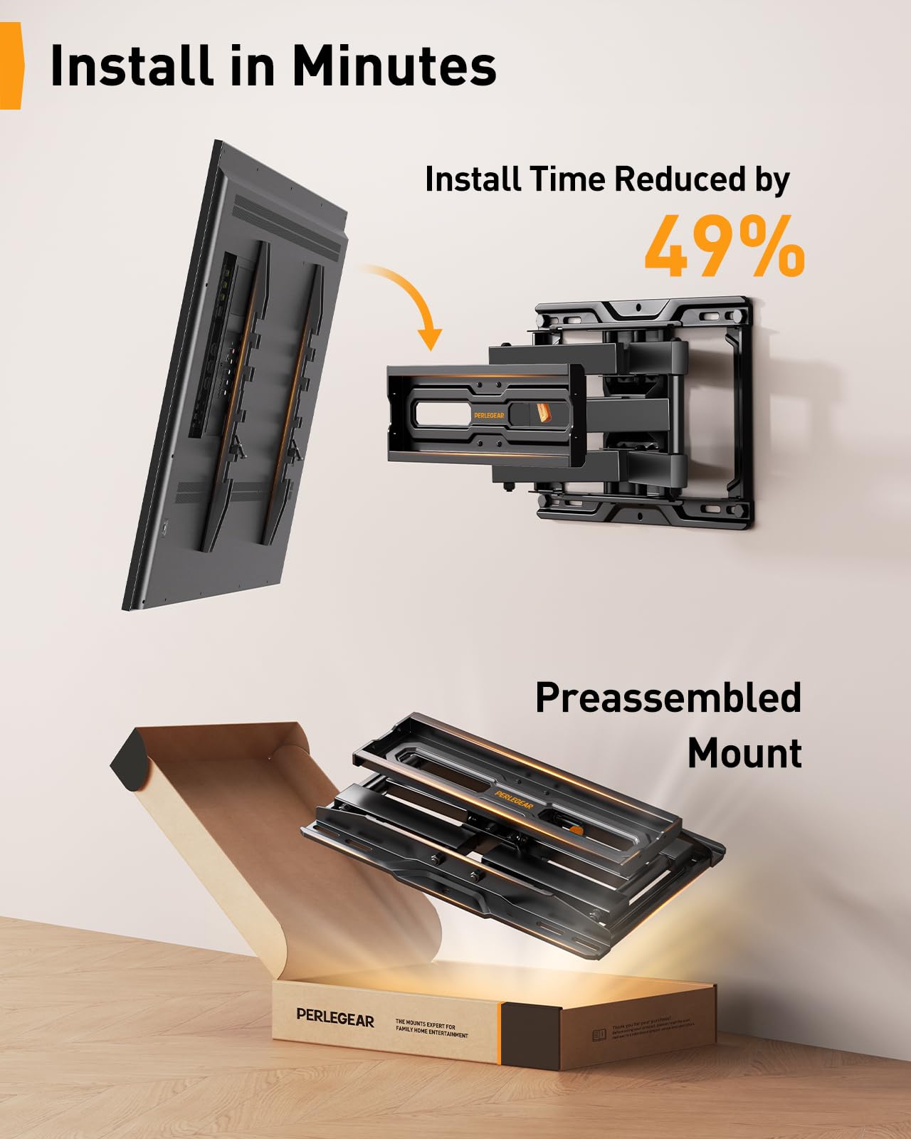 Perlegear Full Motion TV Wall Mount for 26-74 inch TVs, Height Adjustable TV Mount, Pre-Assembled Wall Mount TV Bracket with Tool-Free Tilt, Swivel, Fits 16” Studs, 99 lbs, Max VESA 400x400mm, PGMF21